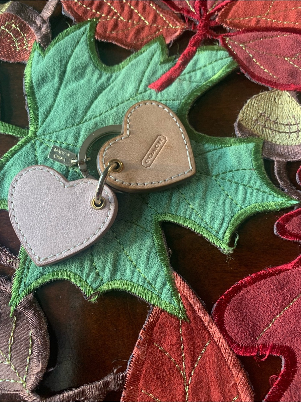 Coach Dual Heart Leather Keyring in Light Pink and Tan